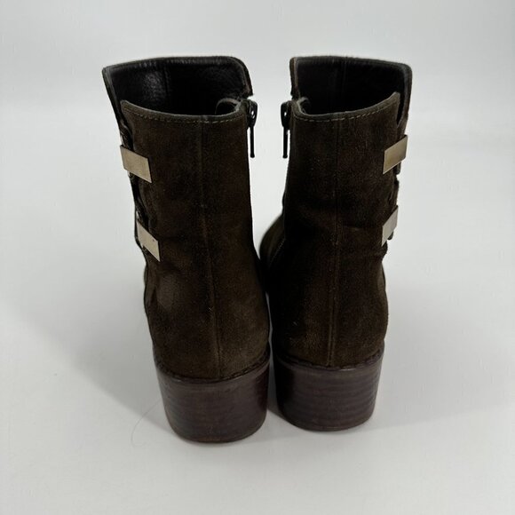 Stuart Weitzman Brown Suede Brass Buckle Stacked Heel Zipper 7 Ankle Boots - Picture 4 of 8